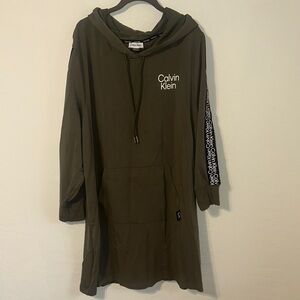 Calvin Klein Olive Hooded Sweatshirt Dress with Logo Tape Sleeves